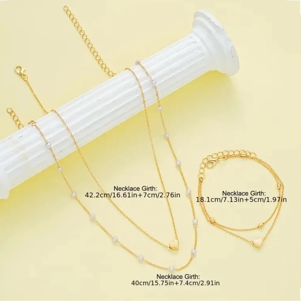 Gold Layered Necklace and Braclet with Heart Charms - Picture 2 of 2